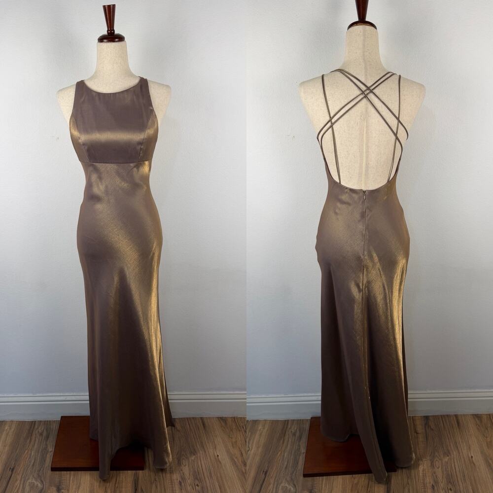 Vintage y2k Faviana Brown Bronze Irridescent Open Back Satin Maxi Dress Size 3/4